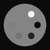 Actual decoder output: six synthetic CT-number inserts in an axial phantom slice