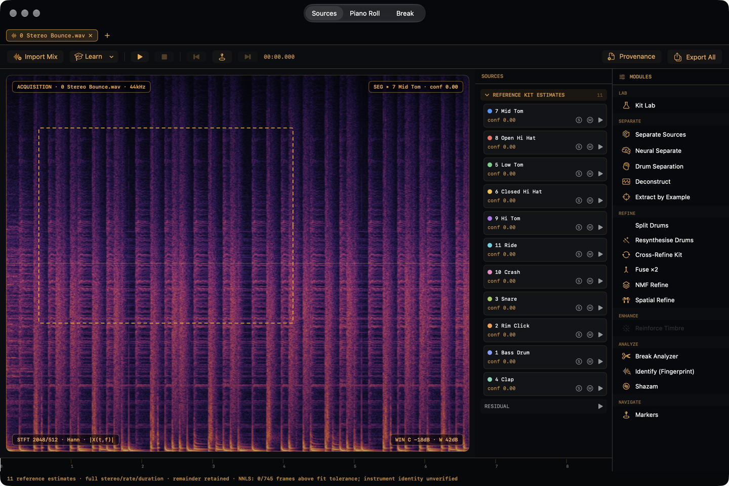 Eleven reference kit estimates and the retained remainder in the native Acoustician studio. Native app capture · 18 October 2026.
