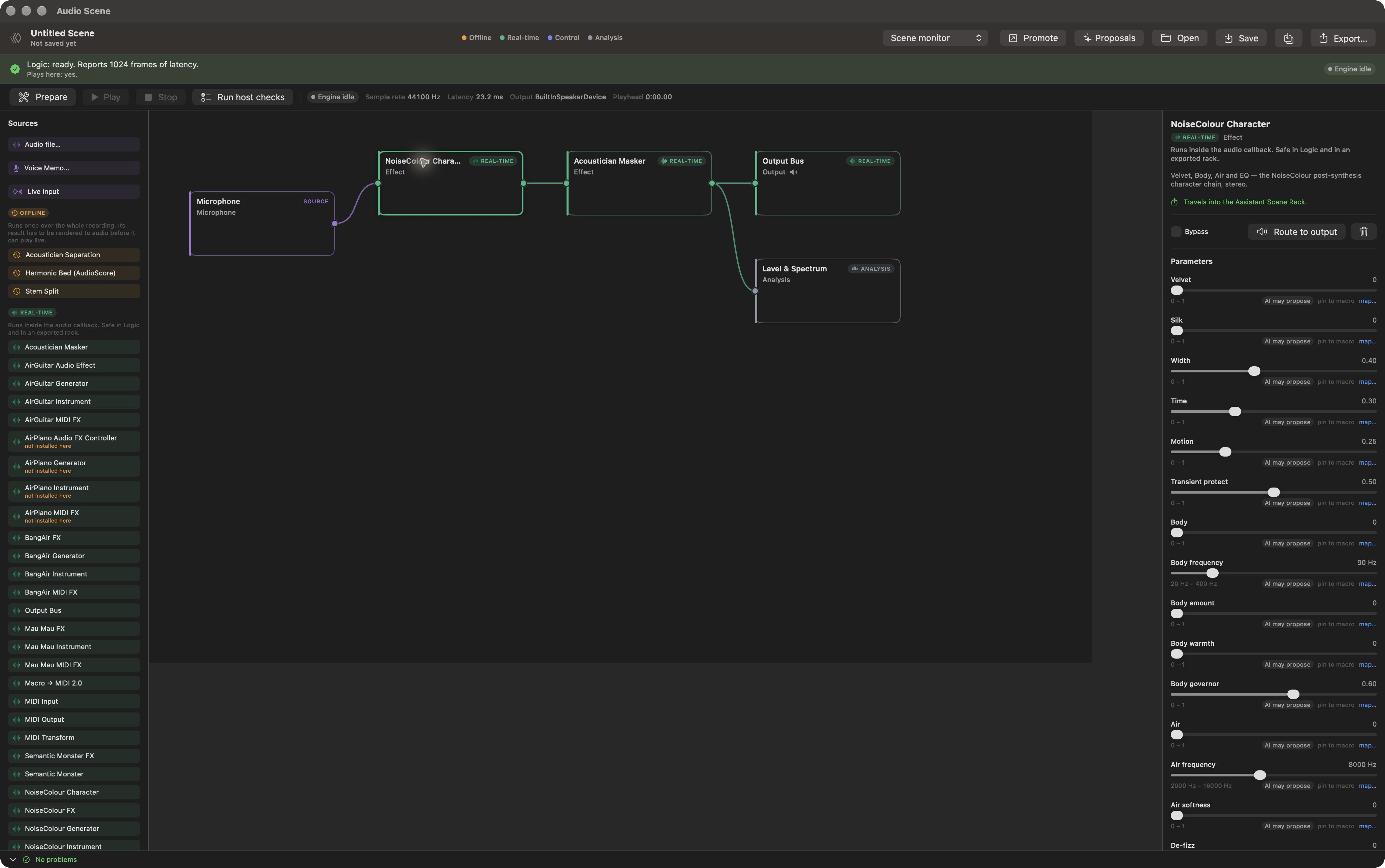 Audio Scene Canvas · real native NoiseColour Character inspector with editable parameter controls. The displayed readiness and Logic messages are app-reported states; this capture does not verify audio playback or a Logic export.
