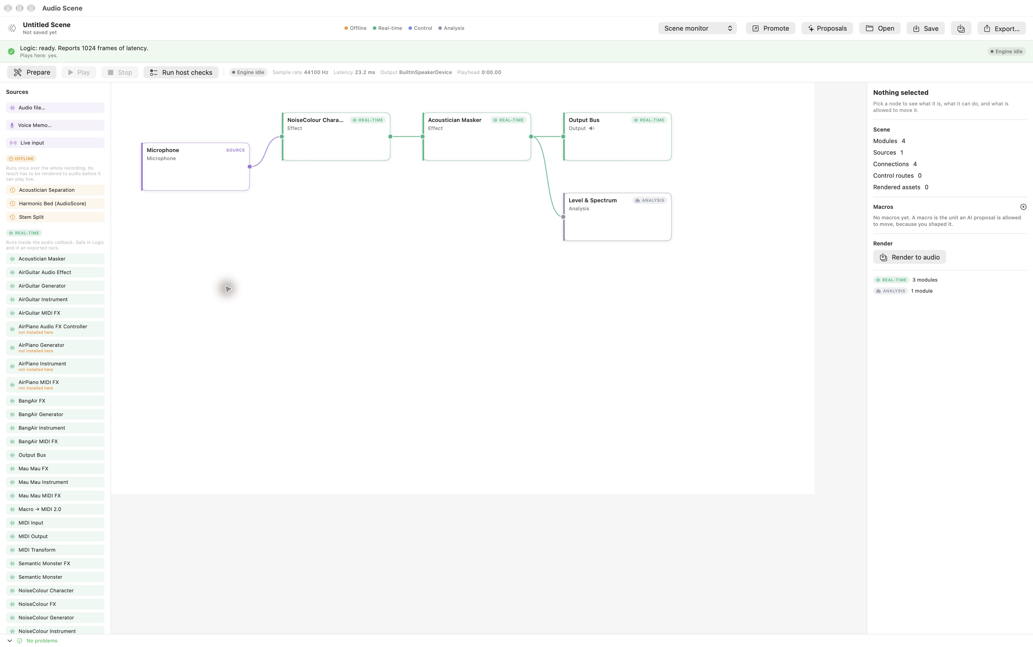 Audio Scene Canvas · real native routing workspace, 18 October 2026. A microphone-source node connects NoiseColour Character, Acoustician Masker, Output Bus and Level & Spectrum. The engine is idle; no microphone was started and no playback is demonstrated.