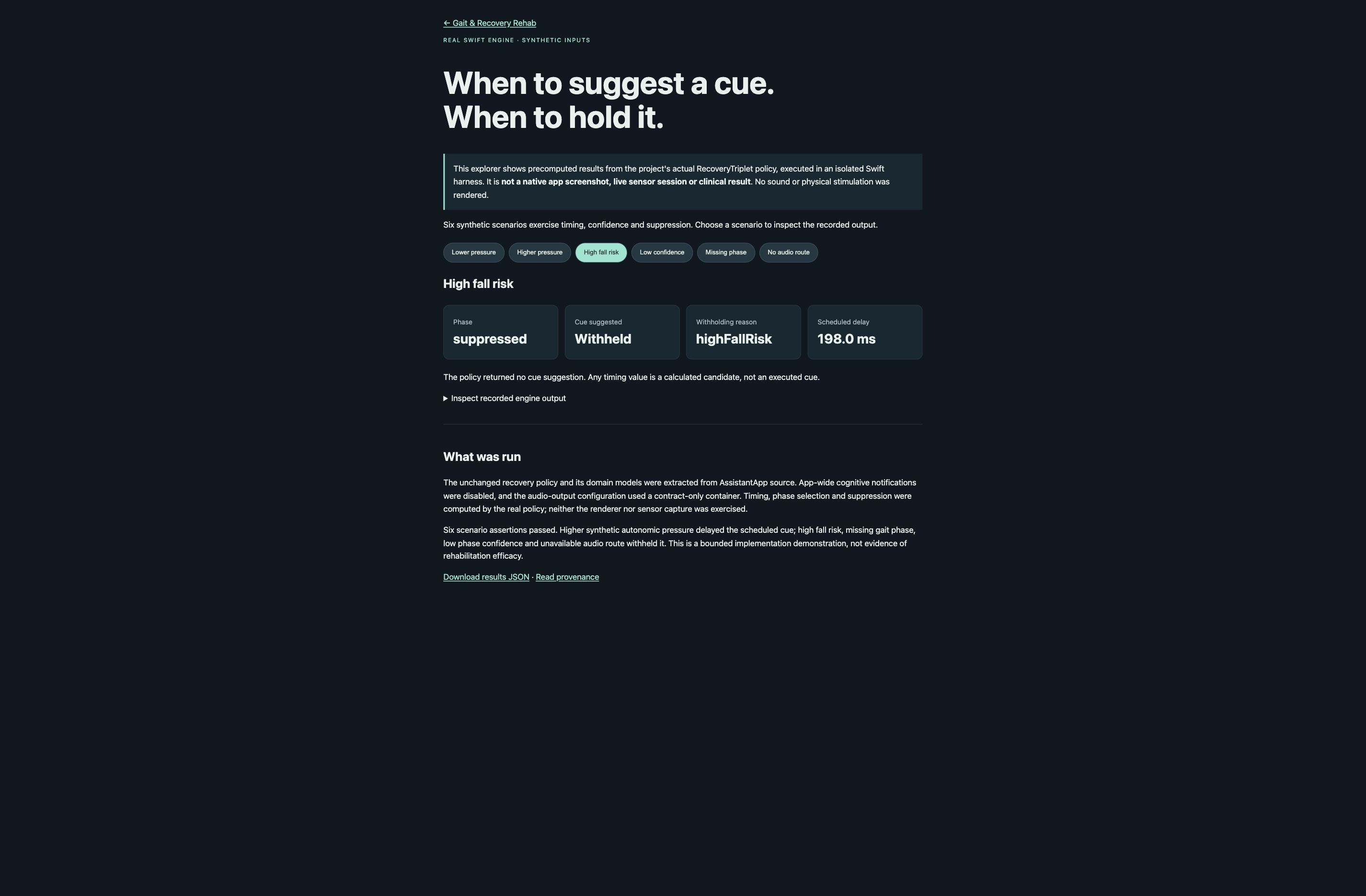 Screenshot of the working Recovery Triplet web explorer showing the actual policy withholding a cue for a synthetic high-fall-risk scenario