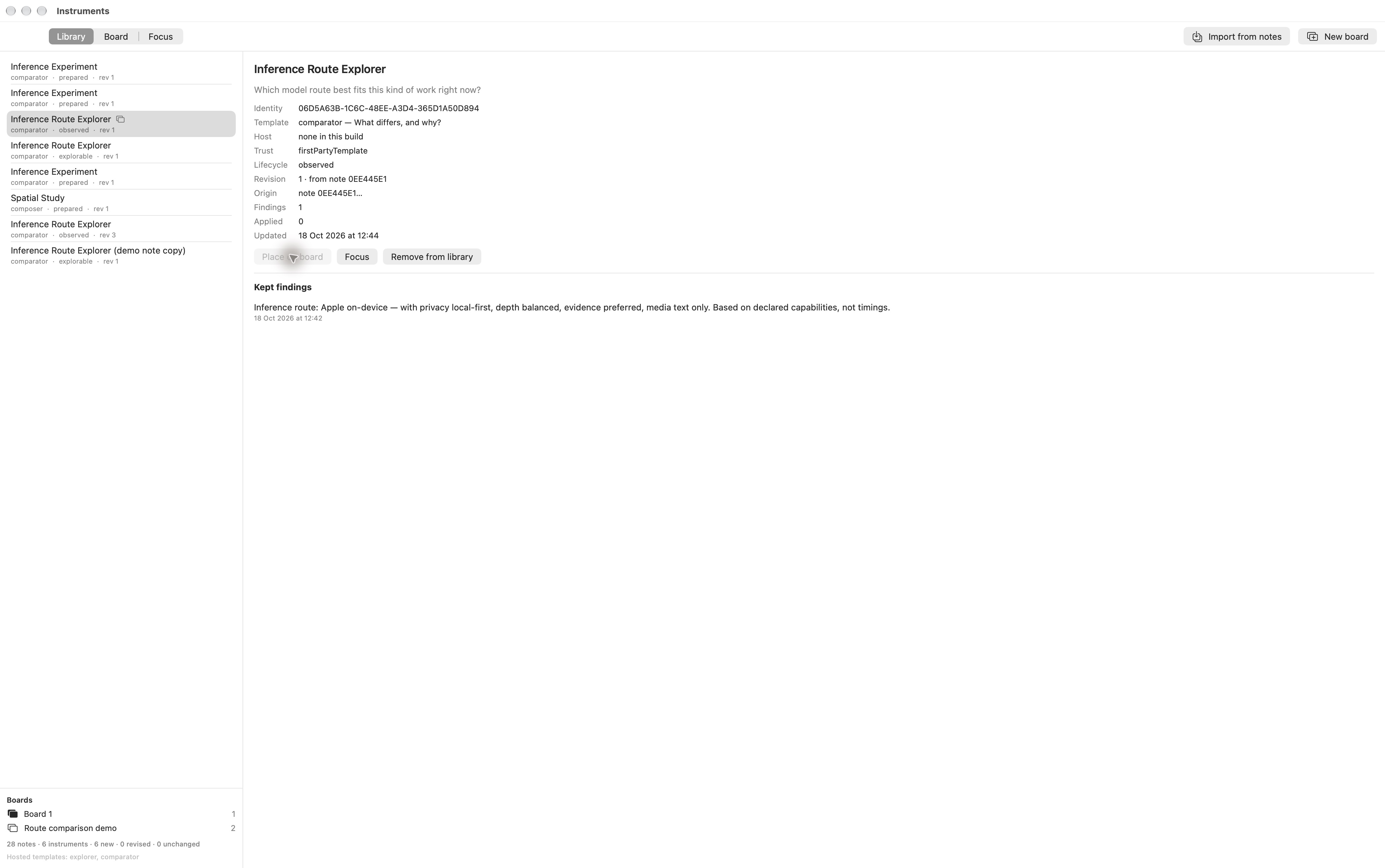 AA Instruments · real native Library with a kept finding from the synthetic demo note. Library metadata reports “Host none in this build”; the separately captured Focus view renders the instrument. This UI discrepancy is unresolved.