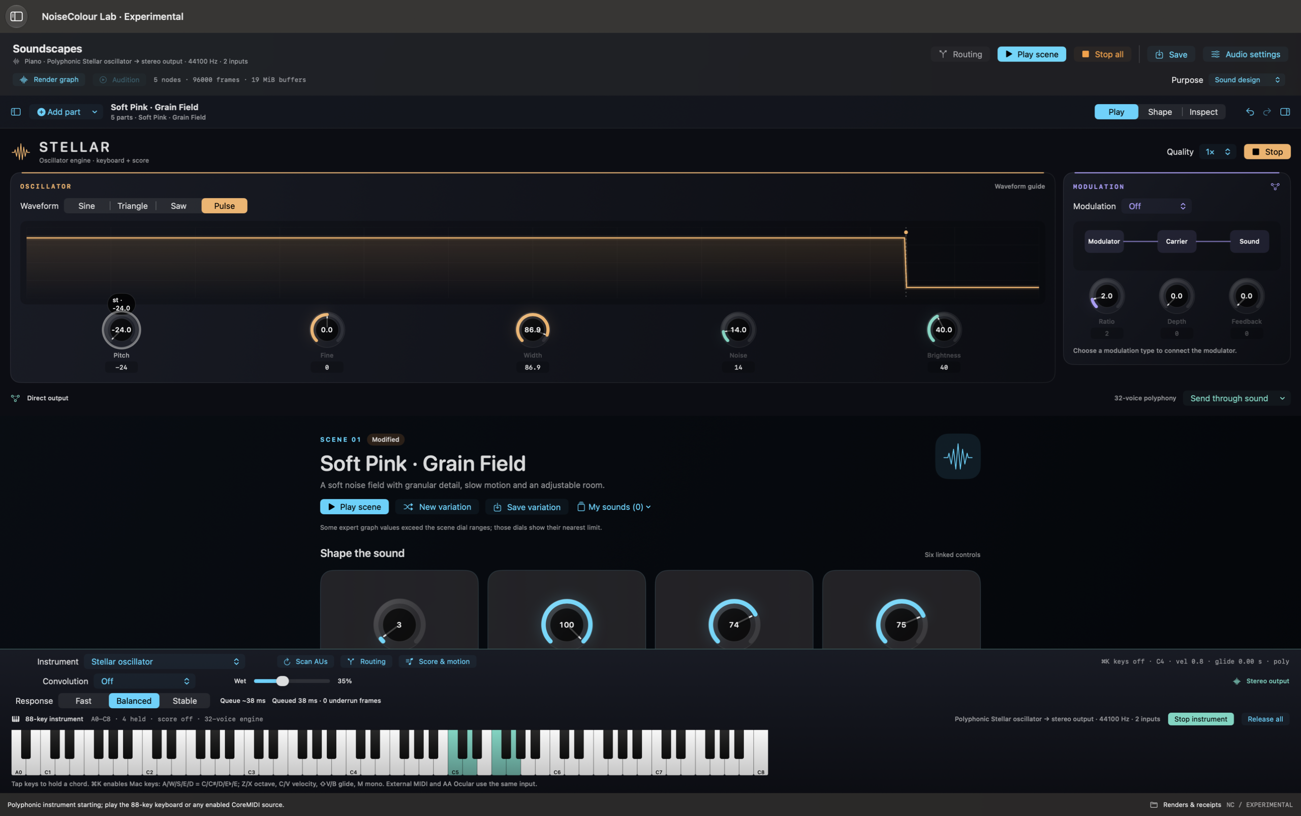 NoiseColour Lab · real native performance controls and shared keyboard, captured 18 October 2026.