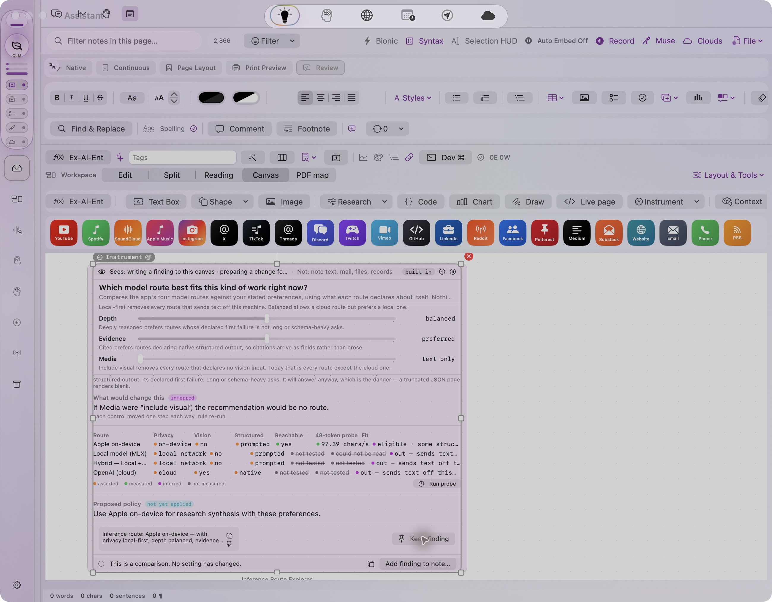 Notes Canvas · real native Inference Route Explorer in a new demo note, 18 October 2026. Recommendations use declared route capabilities. The visible 97.39 chars/s is a retained prior probe record; no new probe was run. Private note library hidden.