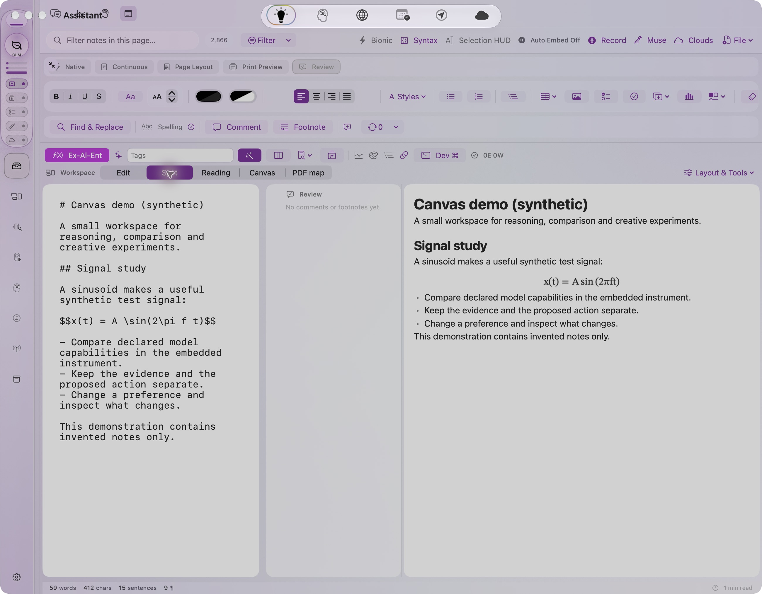 Notes · real native Markdown and LaTeX split view, 18 October 2026. Newly authored synthetic demo text and a sinusoid equation, with the private library hidden. This is the running app, not a design mockup.