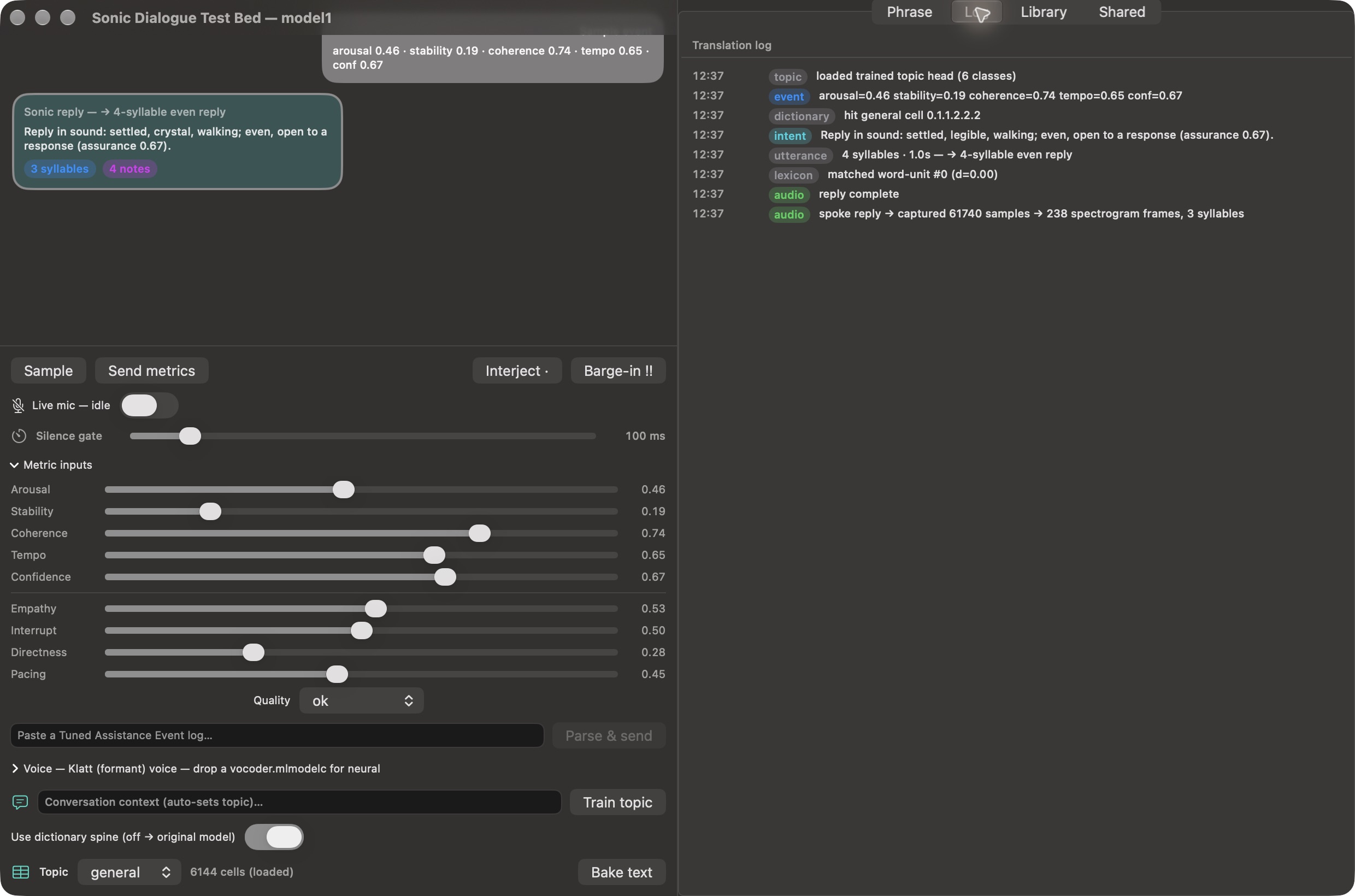 Real native translation log for the same synthetic sample. The app reports its intent, utterance and rendered-phrase stages; this image is interface evidence, not an audio listening test.